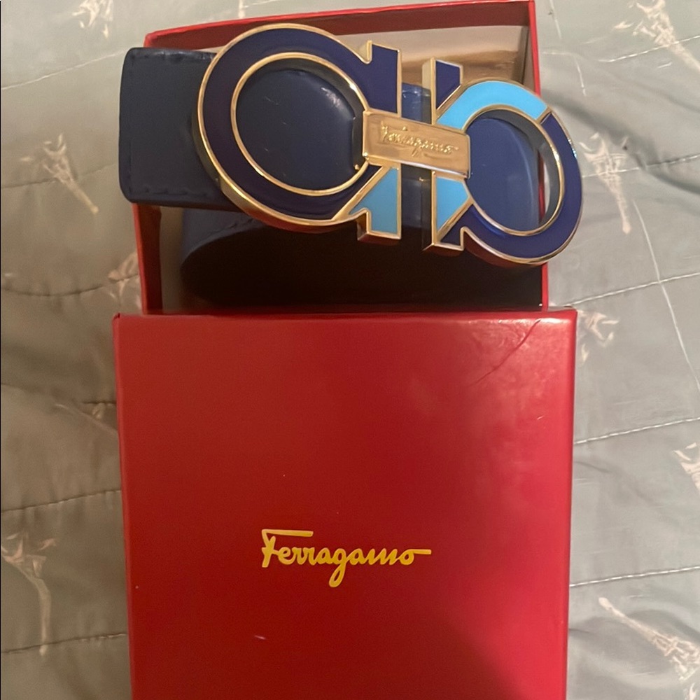 Ferragamo Blue Leather Belt with Gold Buckle